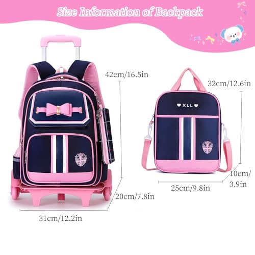 MITOWERMI Rolling Backpack for Girls Cute Trolley Bags Primary School Bookbags with Wheels Kids Carry-On Wheeled Backpack with Lunch Bag - Image 3