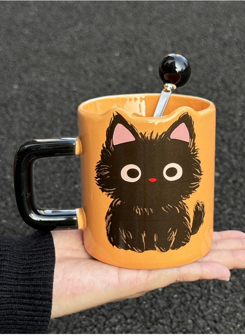 كوب سيراميك مع ملعقة، قطة سوداء صغيرة لطيفة، لمشروبات القهوة والشاي الباردة، آمنة للاستخدام في الميكروويف وغسالة الأطباق، 380 مل - Image 4