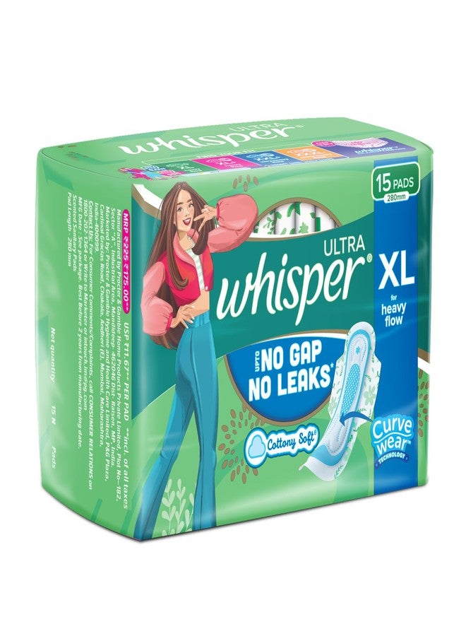 Whisper Ultra Upto No Gap No Leaks* Sanitary Pads, 15 XL Pads, For Heavy Flow Protection, With CURVEWEAR Technology, Cotton Like Softness, Disposable Wrapper, Locks Odour & Wetness (*Based on P&G Technical Data) (Product Does Not Contain Cotton) - Image 3
