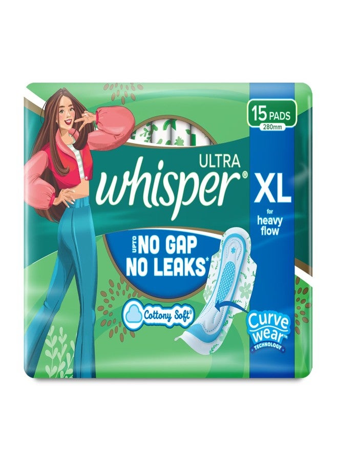 Whisper Ultra Upto No Gap No Leaks* Sanitary Pads, 15 XL Pads, For Heavy Flow Protection, With CURVEWEAR Technology, Cotton Like Softness, Disposable Wrapper, Locks Odour & Wetness (*Based on P&G Technical Data) (Product Does Not Contain Cotton) - Image 1