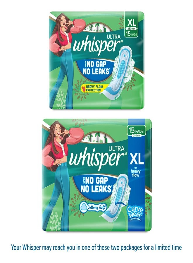 Whisper Ultra Upto No Gap No Leaks* Sanitary Pads, 15 XL Pads, For Heavy Flow Protection, With CURVEWEAR Technology, Cotton Like Softness, Disposable Wrapper, Locks Odour & Wetness (*Based on P&G Technical Data) (Product Does Not Contain Cotton) - Image 2