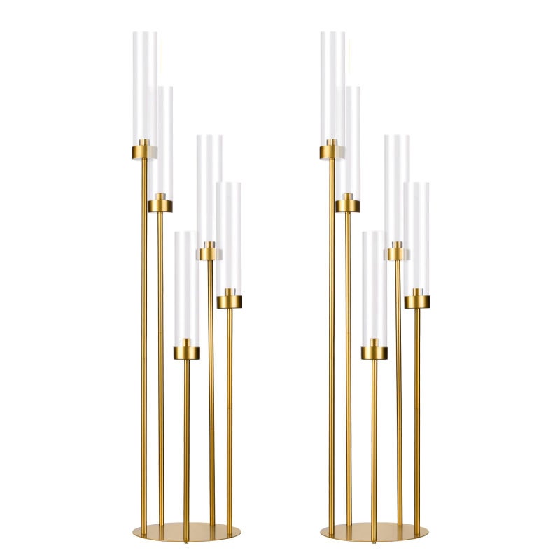 2PCS Gold Floor Candelabra5 Arm Candle Holder Tall Floor Candle Holder with Acrylic Lampshade for Wedding Table Birthday Party Home Decoration Fit LED Taper Candles
