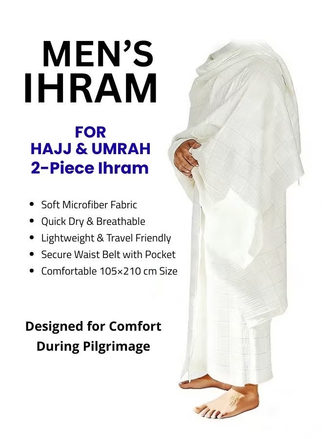 Men’s Ihram for Hajj & Umrah 2 Piece Set – Premium Microfiber Ahram Towel, Soft Skin-Friendly, Quick Dry, Lightweight Breathable Islamic Clothing, Large 105x210 cm White Ihram for Pilgrimage - Image 1