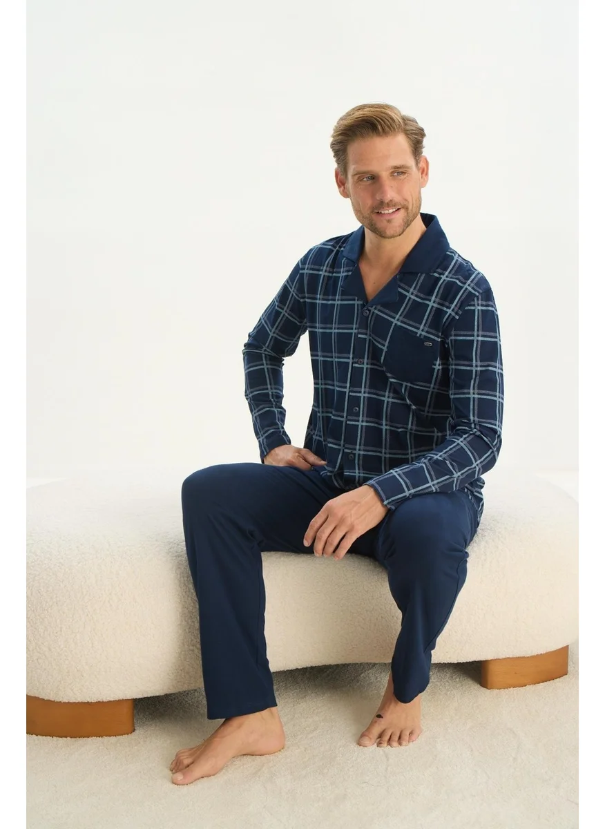 Sevim Men's Long Sleeve Shirt Collar Front Buttoned Navy Blue Pajama Set C9T1N5O9