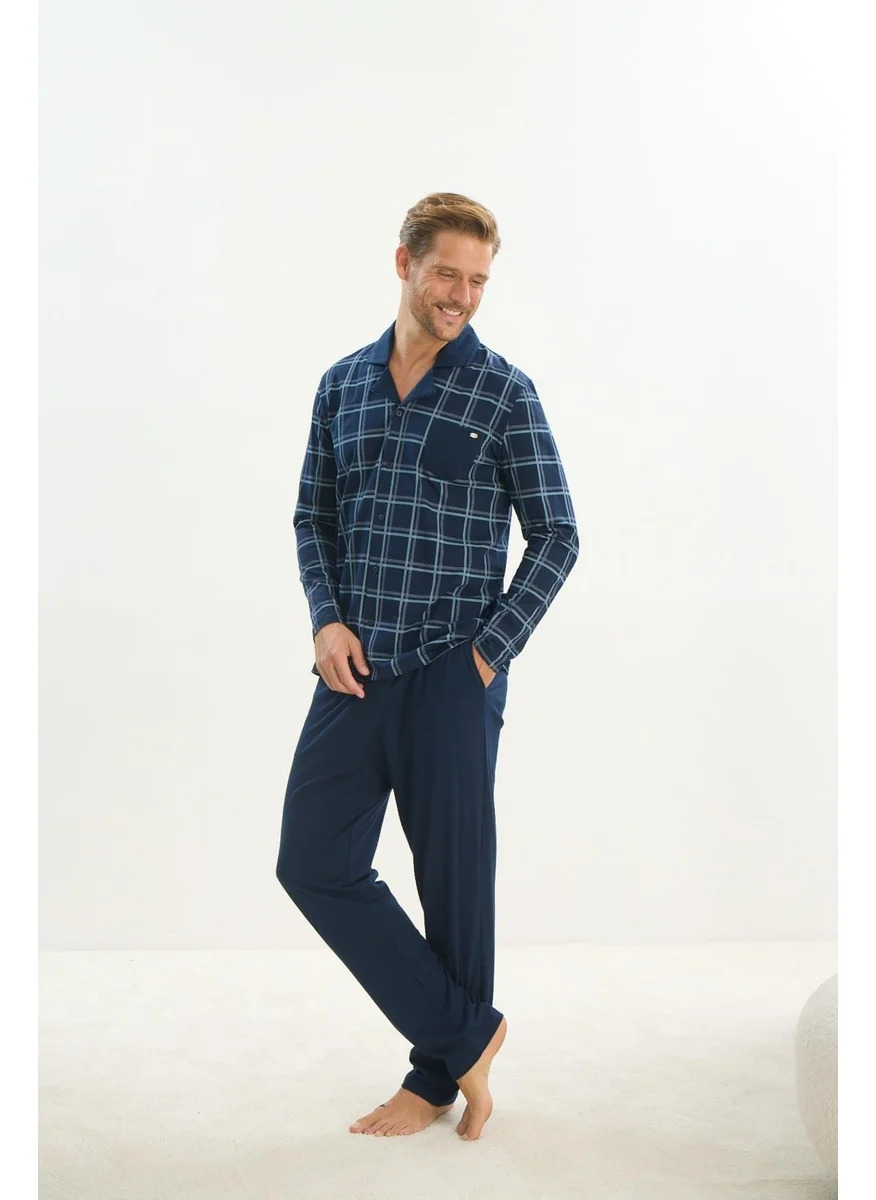 Sevim Men's Long Sleeve Shirt Collar Front Buttoned Navy Blue Pajama Set C9T1N5O9