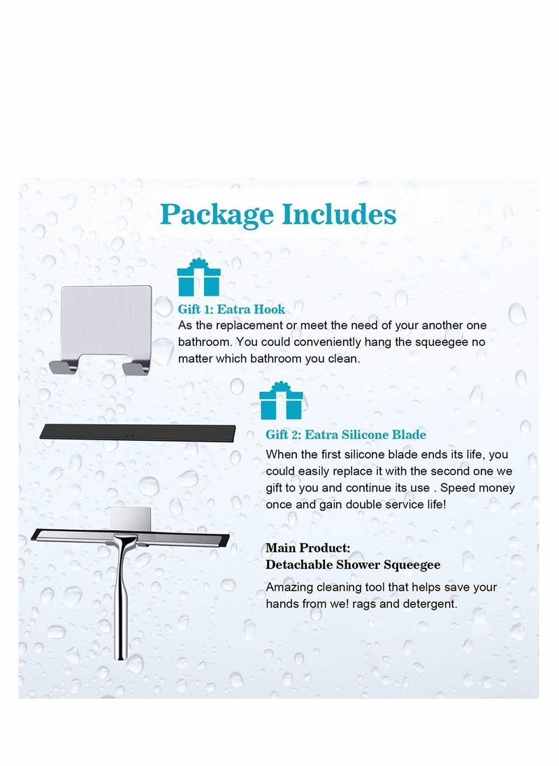Excefore - Shower Squeegee, Window Wiper Stainless Steel Window Cleaner With Self Adhesive Hook, Replaceable Wiper Blades Cleansing for Bathroom Household Kitchen Mirror Window Car Glass Shower Door - Image 1