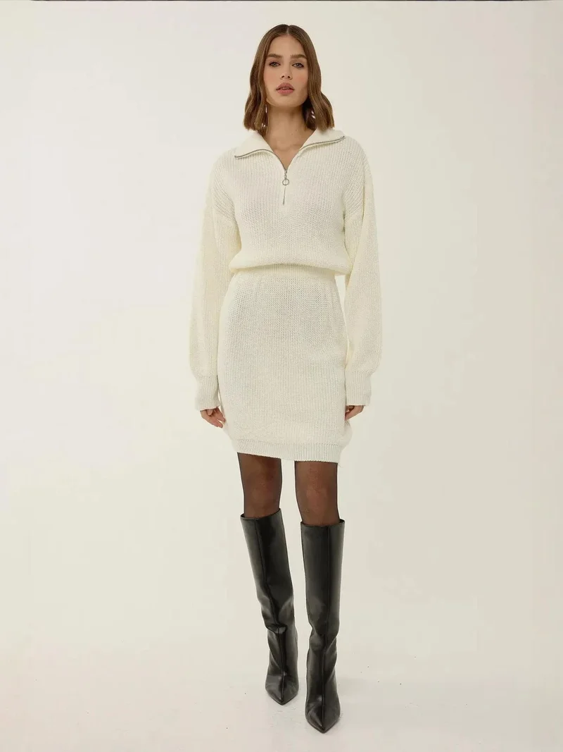 HICCUP Waist Sitting Ribbed Mini Knit Dress with Zipper Collar