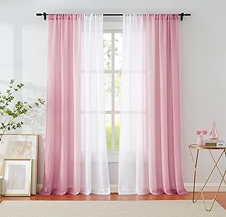 Purainbow Purainbow Pink Ombre Chiffon Sheer Window Curtain Panels 63 Inch Long Crinkle Voile Sheer Curtains for Living Room Kids  - Image 1