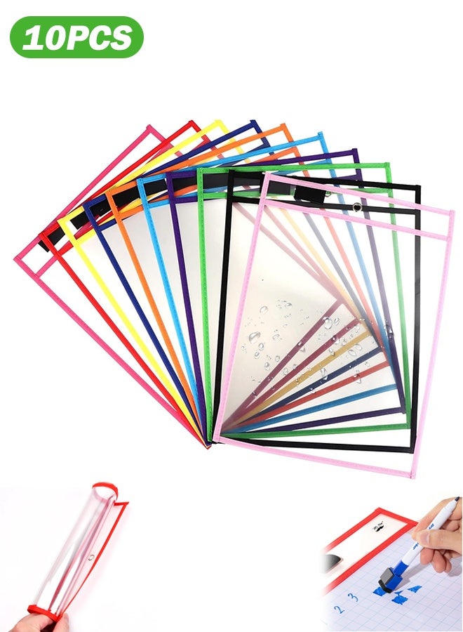 Sweet Life 10Pack Dry Erase Pocket, Rewritable Dry Erase Sleeves for School and Work, Clear workSheet Protectors, 10" x 13.5" Plastic Ticket Holders, 10 Colors Assorted - Image 1