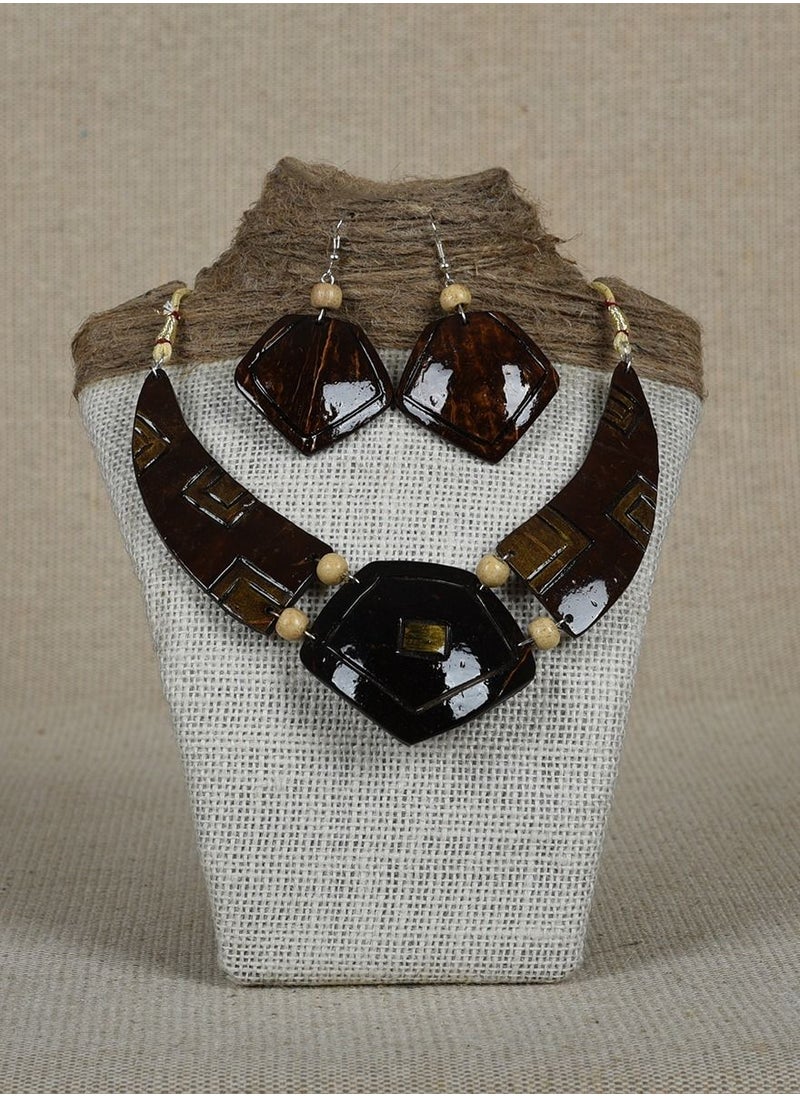 N & H Women's Handmade Coconut Shell Tribal Design Necklace with Matching Earrings Set  - Image 1