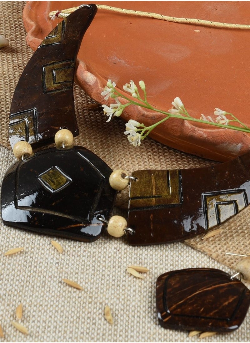 N & H Women's Handmade Coconut Shell Tribal Design Necklace with Matching Earrings Set  - Image 4