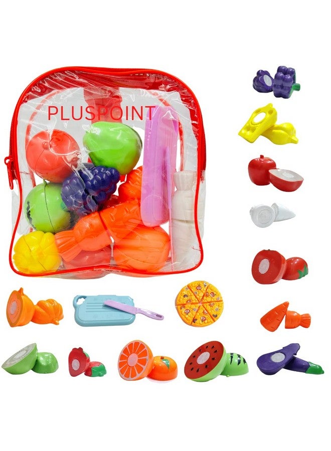 PLUSPOINT Food Cutting Toys with Pizza 15 PCS with Storage Bag Play Cutting Food Kitchen Toy Fruits Vegetables Pretend Playset Early Learning Toy Gifts for Toddlers Kids Boys Girls (Pizza Backpack) - Image 1