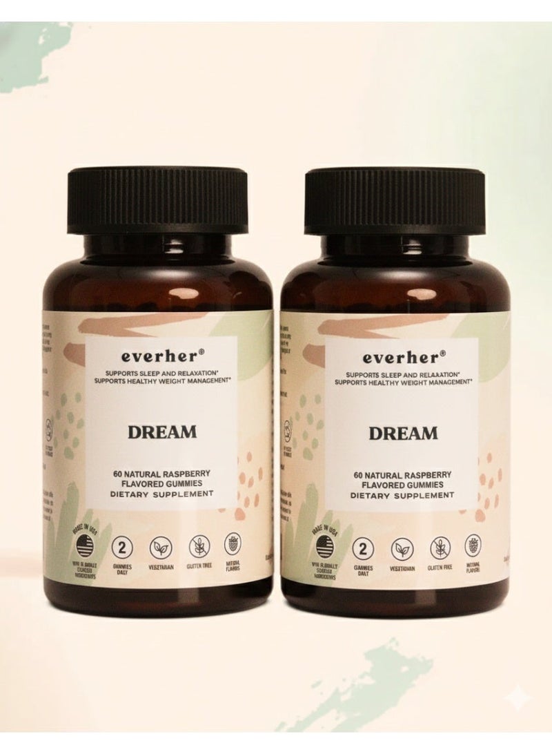 ايفرهير علبتين | علكات دريم | مصنوعة في الولايات المتحدة الأمريكية | تحتوي على الميلاتونين، إل-ثيانين وإل-تريبتوفان | تدعم النوم العميق والاسترخاء والهدوء | خالية من السكر | نباتية | نكهات طبيعية | 60 علكة - Image 1