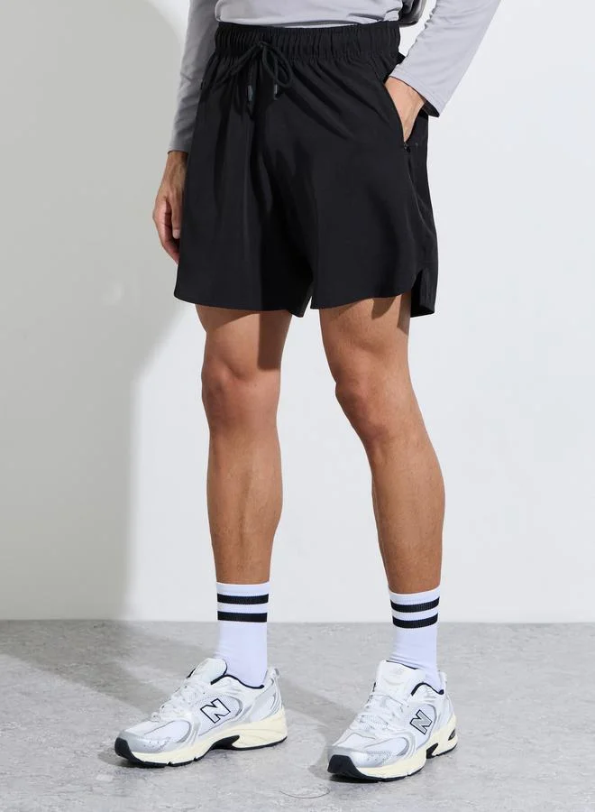 Black Solid Side Slit Regular Fit Running Shorts with Zipper Pocket