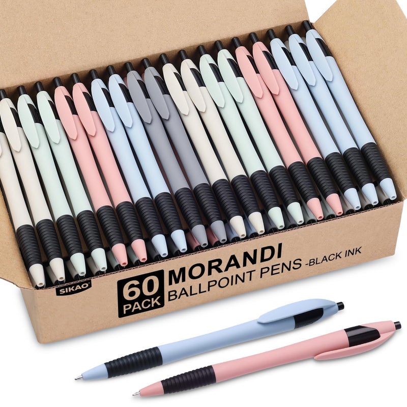 Sikao Pens Bulk, 60 Pack Morandi Ballpoint Pens Black Ink 1.0mm, No Bleed No Skip Smooth Writing, Gripped Slimster Series Click Pens with Soft Grip for Teachers, Students, Servers, School & Office Gifting - Image 1