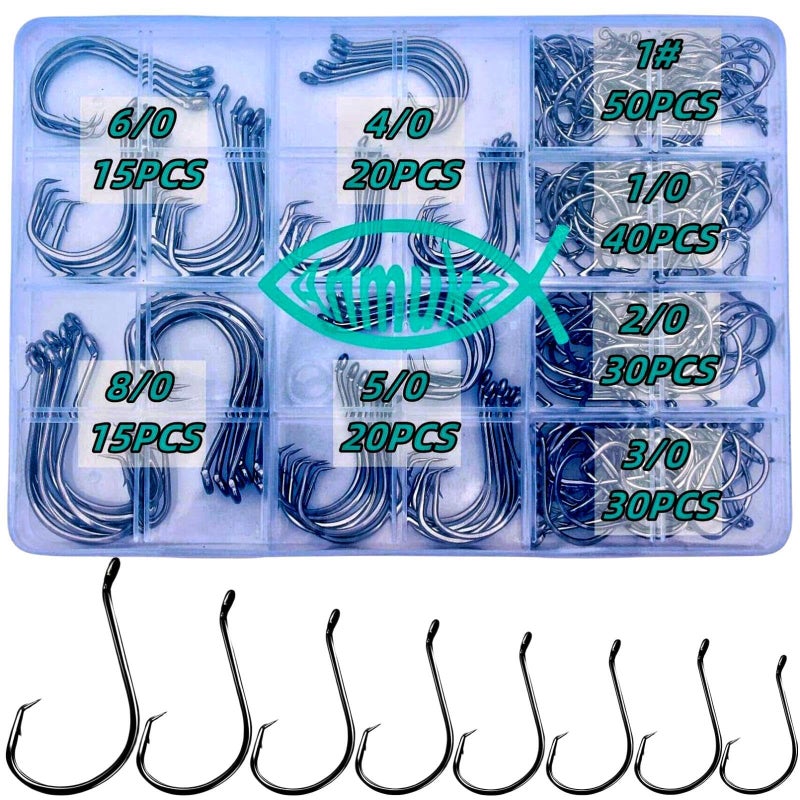 Anmuka Circle Hooks Fishing Hooks 2X Strong 170PCS/Box|220PCS/Box Octopus Catfish Fish Bulk Fishing Hooks Set Saltwater Freshwater Gear Equipment#1 1/0 2/0 3/0 4/0 5/0 6/0 8/0(BLACK-220PCS) - Image 1