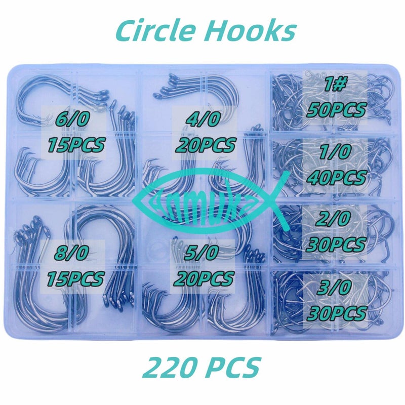 Anmuka Circle Hooks Fishing Hooks 2X Strong 170PCS/Box|220PCS/Box Octopus Catfish Fish Bulk Fishing Hooks Set Saltwater Freshwater Gear Equipment#1 1/0 2/0 3/0 4/0 5/0 6/0 8/0(BLACK-220PCS) - Image 5