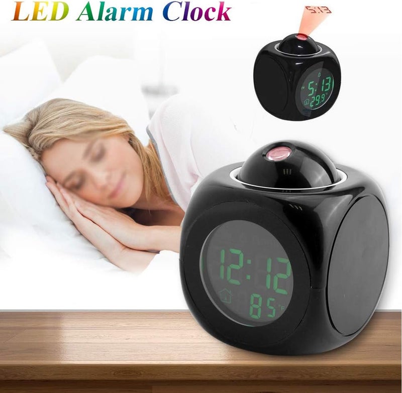 EVGATSAUTO Projection Alarm Clock, Multi-Function Digital LCD Wall Projection Voice Talking Temperature Display LED Alarm Clock for Bedrooms, Black, Approx. 9 * 9 * 10.5cm / 3.5 * 3.5 * 4.1inch - Image 2