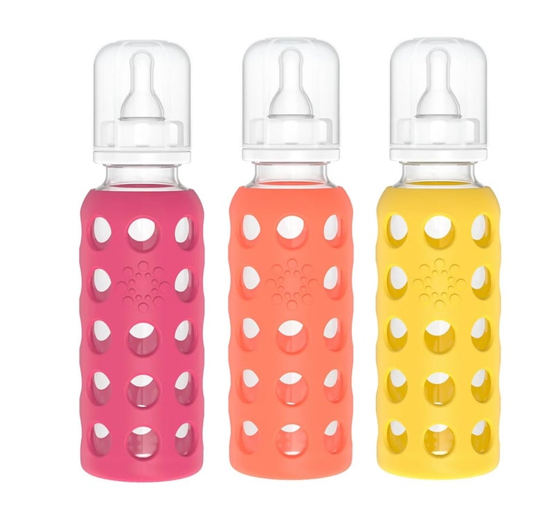 Lifefactory Glass Baby Bottle BPA Free | Protective Silicone Sleeve | 9 oz Pack of 3 | Raspberry, Papaya, Mango - Image 1