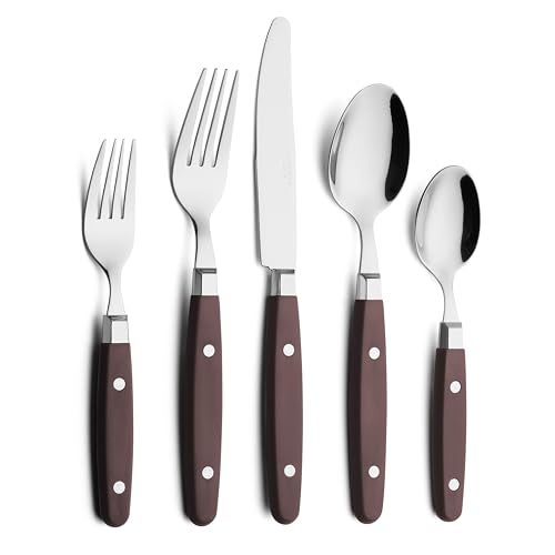 ANNOVA Silverware Set RetroRivet Colorful Stainless Steel Tableware Kitchen Flatware Set Utensils Includes Dinner Knives Forks Spoons Salad Forks Dessert Spoons Chocolate Brown 20 Pieces - Image 1