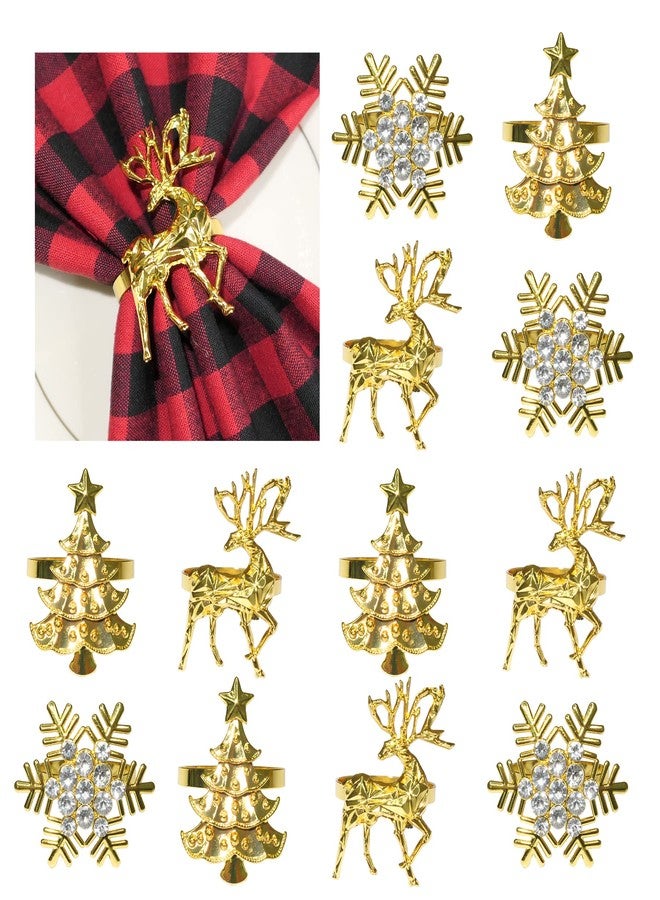 HADDIY Christmas Napkin Rings Set of 12,Sparkly Gold Deer Snowflake Xmax Tree Napkin Holder for Winter Holiday Dinner Table Setting Decorations - Image 1