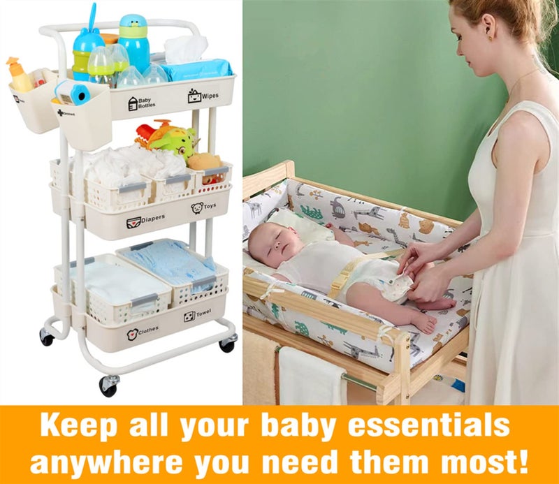 JOLEAD JOLEAD Baby Diaper Caddy Organizer Cart Movable, 3-Tier Sturdy Newborn Nursery Essentials Storage Cart for Changing Tables, with Mesh Baskets Hanging Cups and Sticker, Easy to Assemble  - Image 2