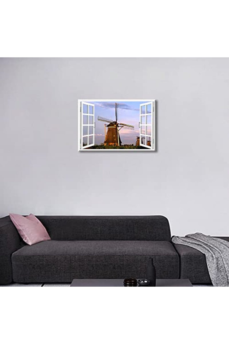 TISHIRON 3D Window View Dutch Windmills Canvas Art Landscape Nature Wall Art Gallery Wrapped Canvas Prints Decor Posters for Living Room Bedroom Prints Framed Ready to Hang - 12" W x 18" H - Image 4