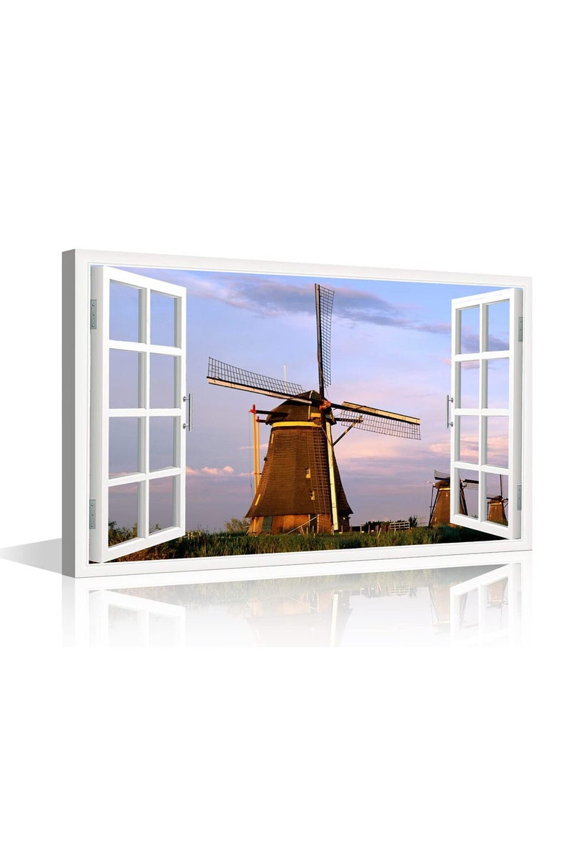 TISHIRON 3D Window View Dutch Windmills Canvas Art Landscape Nature Wall Art Gallery Wrapped Canvas Prints Decor Posters for Living Room Bedroom Prints Framed Ready to Hang - 12" W x 18" H - Image 1