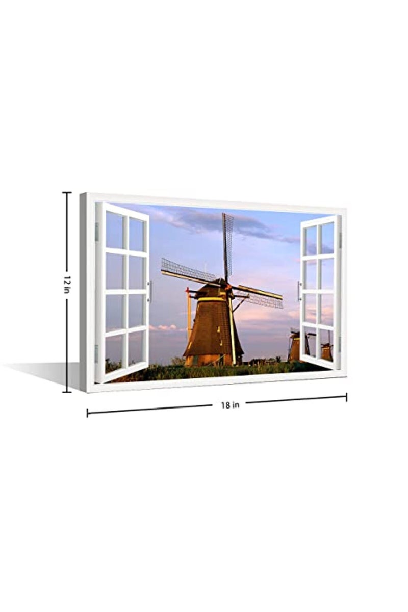 TISHIRON 3D Window View Dutch Windmills Canvas Art Landscape Nature Wall Art Gallery Wrapped Canvas Prints Decor Posters for Living Room Bedroom Prints Framed Ready to Hang - 12" W x 18" H - Image 5