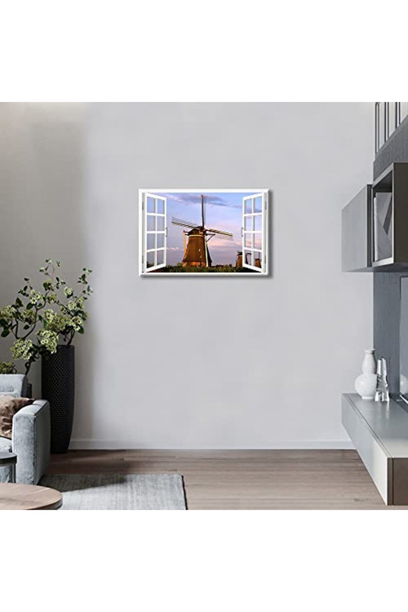 TISHIRON 3D Window View Dutch Windmills Canvas Art Landscape Nature Wall Art Gallery Wrapped Canvas Prints Decor Posters for Living Room Bedroom Prints Framed Ready to Hang - 12" W x 18" H - Image 2