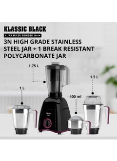 Havells Havells Klassic 750 Watt 4 Jar Mixer Grinder, 21000 RPM Heavy Duty Universal Motor, 304 SS Blades, Large Size Break Resistant JarLids With Twist & Lock Mechanism- Black  - Image 2