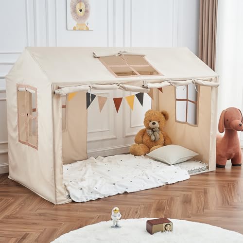 WANFASO Twin Bed Tent Indoor Bed Canopy Kids Tents for Girls Boys with 2 Doors, Breathable Private Space Floor Fort Bed Tents for Kids Sleeping Tent (Twin, Khaki) - Image 1