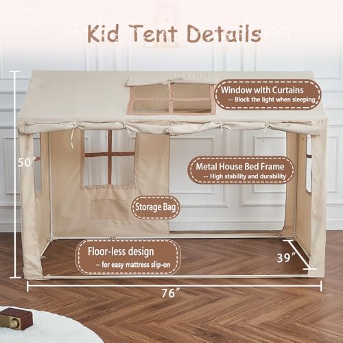 WANFASO Twin Bed Tent Indoor Bed Canopy Kids Tents for Girls Boys with 2 Doors, Breathable Private Space Floor Fort Bed Tents for Kids Sleeping Tent (Twin, Khaki) - Image 4