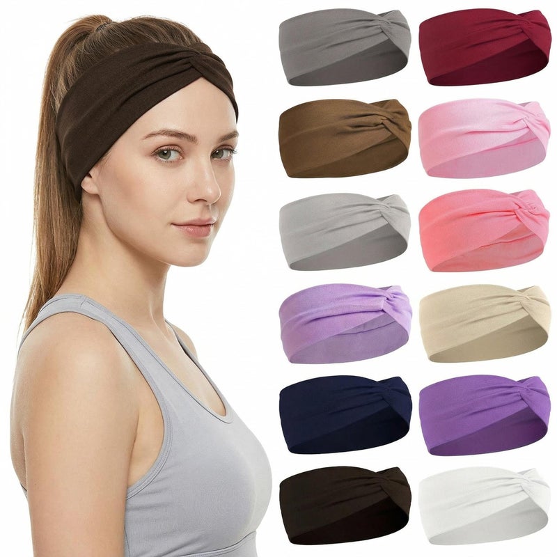 Luuao 12-Pack Stretchy Headbands for Women, Absorbent Sport Headbands with Soft Twist Knot Design, Non-Slip Yoga Workout Headbands for Daily Use, Sweat-Wicking Comfortable Hair Bands (12 Color1) - Image 1