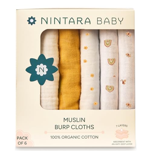NINTARABABY Burp Cloths – 100% Organic Muslin Cotton, 7-Layer Absorbent & Waterproof, Extra-Large (55×30 cm), Soft & Hypoallergenic, Multipurpose Baby Essentials & Gift for Newborns, Pack of 6 - Image 1