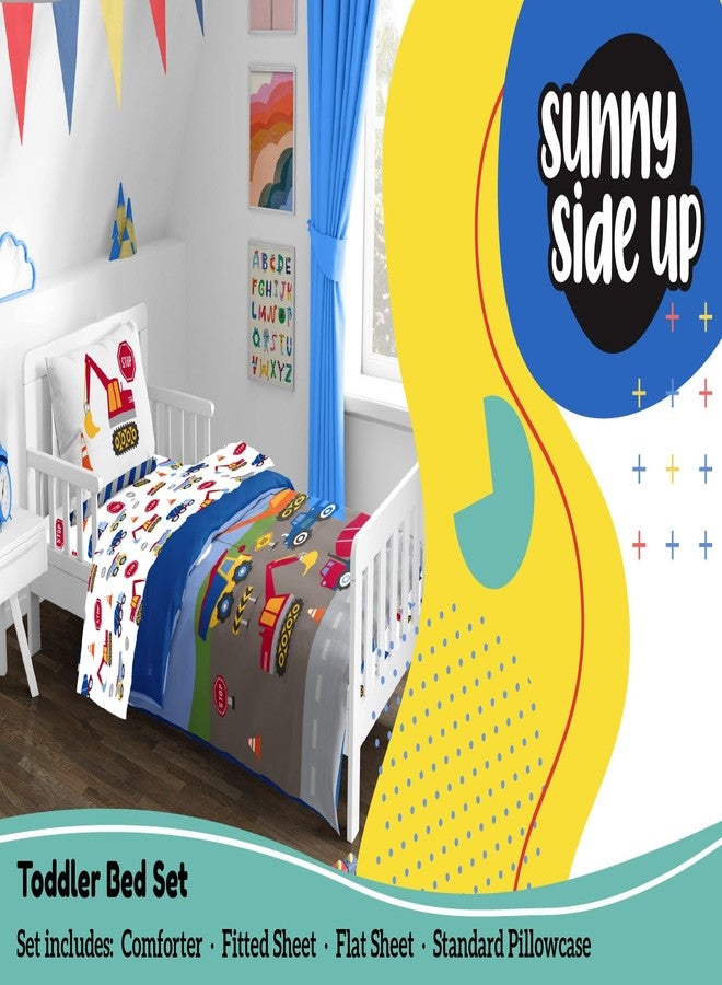 الجانب المشمس للأعلى طقم لحاف للأطفال الصغار من Sunny Side Up Construction Zone - أغطية سرير للأطفال في مرحلة ما قبل المدرسة مكونة من 4 قطع تتضمن اللحاف والملاءات وغطاء الوسادة - طقم سرير من الألياف الدقيقة فائقة النعومة بتصميم مركبات - Image 2