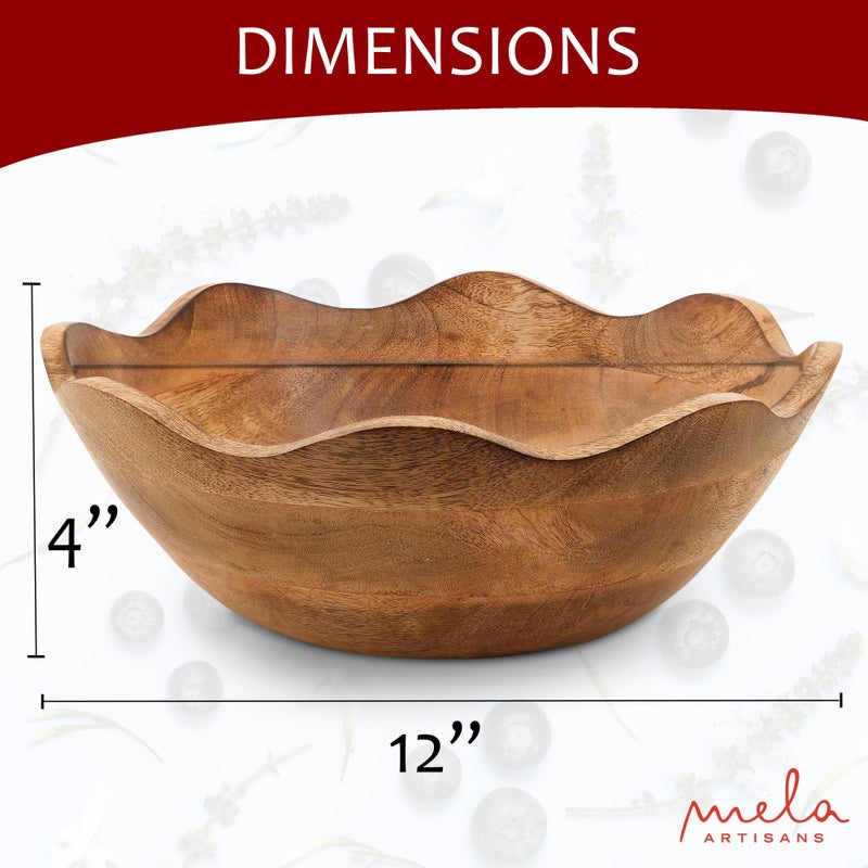 Mela Artisans Scalloped Decorative Wooden Bowl | 12 Inch Mango Wood Fruit & Serving Bowl | Natural Grain Finish | For Kitchen Counter | Snacks | Desserts | Bread | Handcrafted Home Decor - Image 2