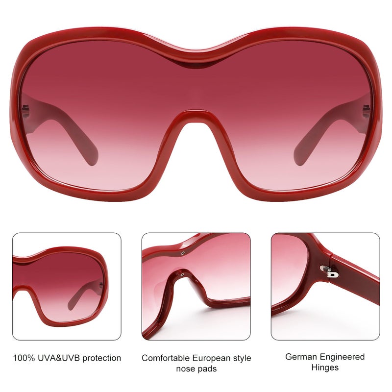 TYA Oversized Trendy Wrap Around Sunglasses for Women Men - Cool Concert shades 2000s Retro Round Big Shield Glasses (Red) - Image 5