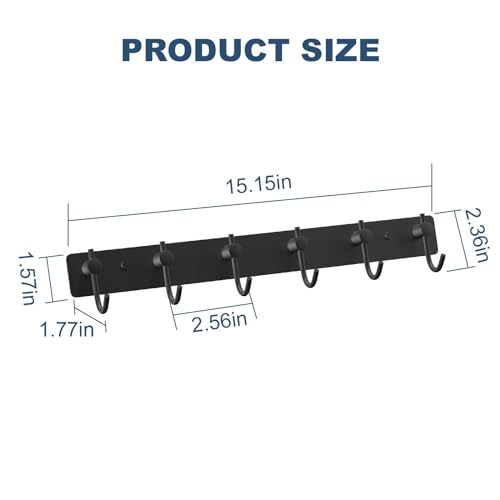 VAEHOLD Wall Hooks for Hanging, Black Coat Rack Wall Mount with 6 Coat Hooks, Towel Hanger, Hat Hooks, Robes Hook in Bathroom, Bedroom, Kitchen, Living Room (1PACK) - Image 4