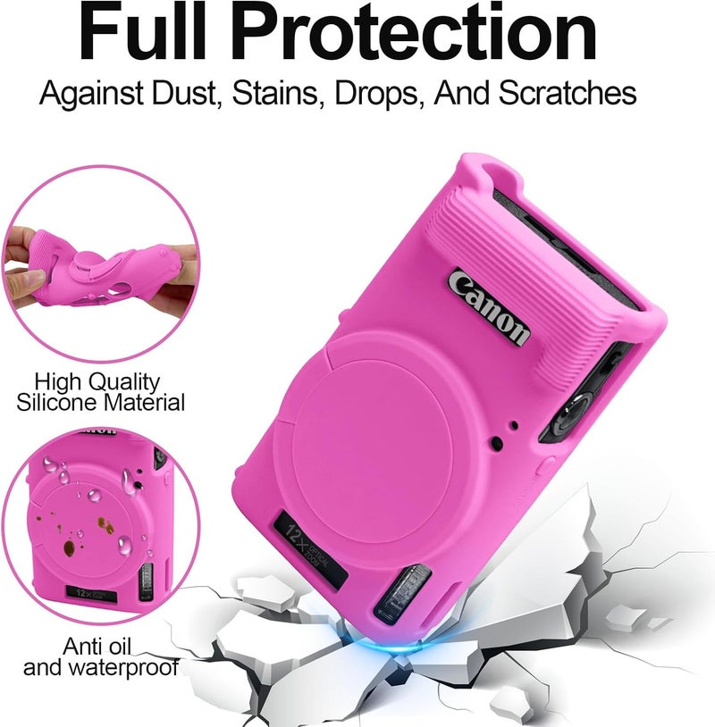 إيزي هود حافظة لكاميرا Canon PowerShot IXY 650/ELPH 360، غطاء كاميرا سيليكون ناعم مع غطاء عدسة قابل للإزالة، حافظة واقية رفيعة مضادة للخدش لحمل الكاميرا، غطاء جلدي لجسم الكاميرا (وردي) - Image 3
