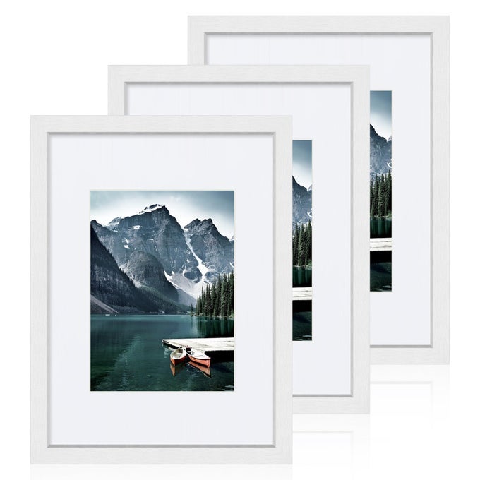 9X12 WHITE PICTURE FRAMES SET OF 3 MADE OF WOODEN AND GLASS PHOTO FRAME DISPLAYS PICTURE 6X8 WITH MAT OR 9 X 12 WITHOUT MAT DESKTOP WALL COLLAGE FRAME SET