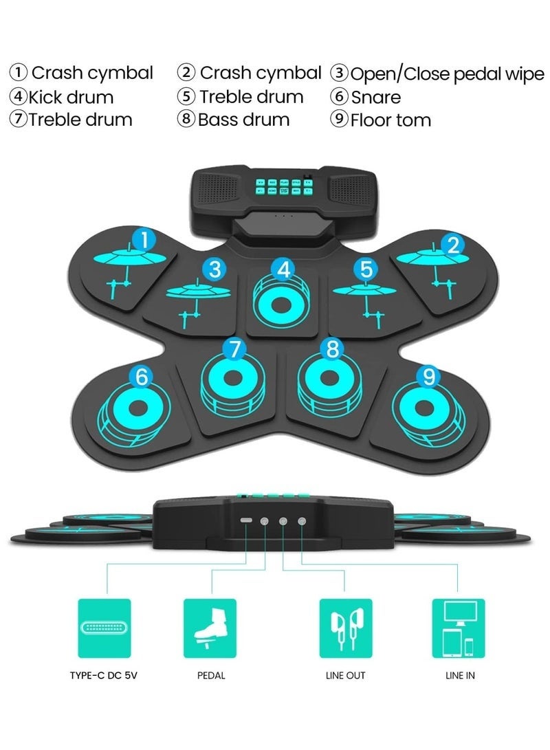 Arabest أطقم الطبول الإلكترونية، طقم طبل إلكتروني محمول بـ 9 وسادات مع اتصال USB MIDI وعصي الطبول ودواسات القدم، مكبرات صوت ستيريو مزدوجة مدمجة لهدية السنة الجديدة أو عيد الميلاد للمبتدئين أو الأطفال - Image 3