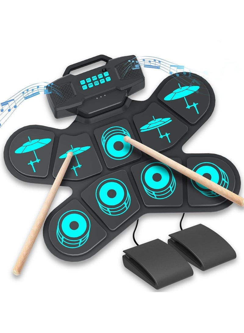 Arabest أطقم الطبول الإلكترونية، طقم طبل إلكتروني محمول بـ 9 وسادات مع اتصال USB MIDI وعصي الطبول ودواسات القدم، مكبرات صوت ستيريو مزدوجة مدمجة لهدية السنة الجديدة أو عيد الميلاد للمبتدئين أو الأطفال - Image 1