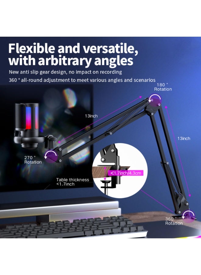 Flushrenic Game USB microphone, noise-reducing condenser microphone with silent operation, anti-spray cover, computer RGB microphone kit with boom stand, shock absorber, rotating gain button, compatible with PS4/5/PC (black) - Image 2
