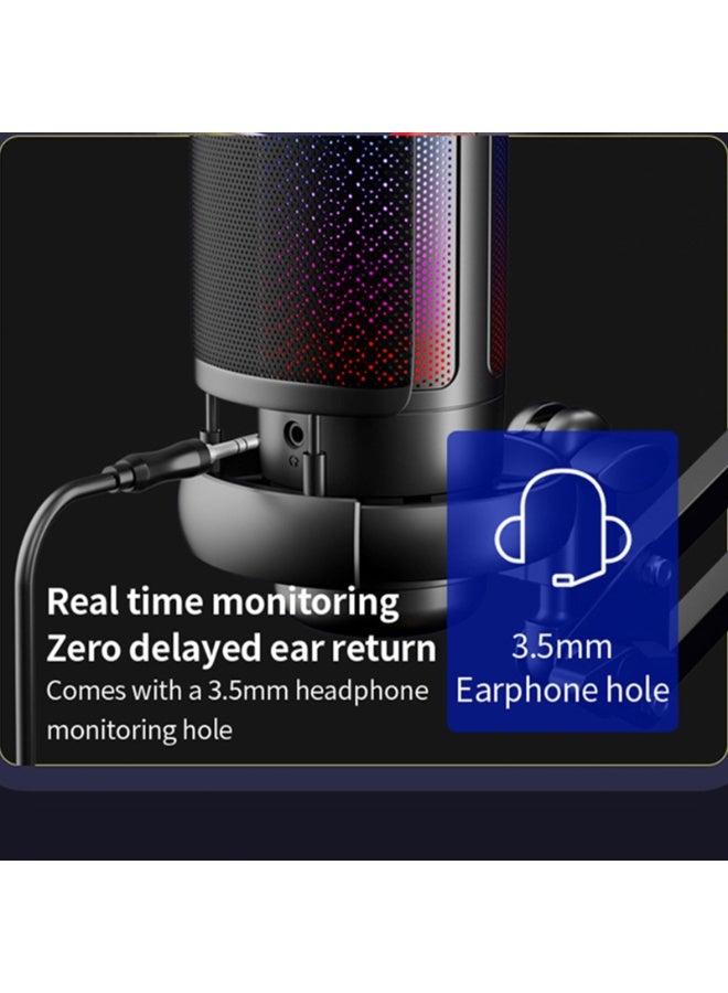 Flushrenic Game USB microphone, noise-reducing condenser microphone with silent operation, anti-spray cover, computer RGB microphone kit with boom stand, shock absorber, rotating gain button, compatible with PS4/5/PC (black) - Image 3