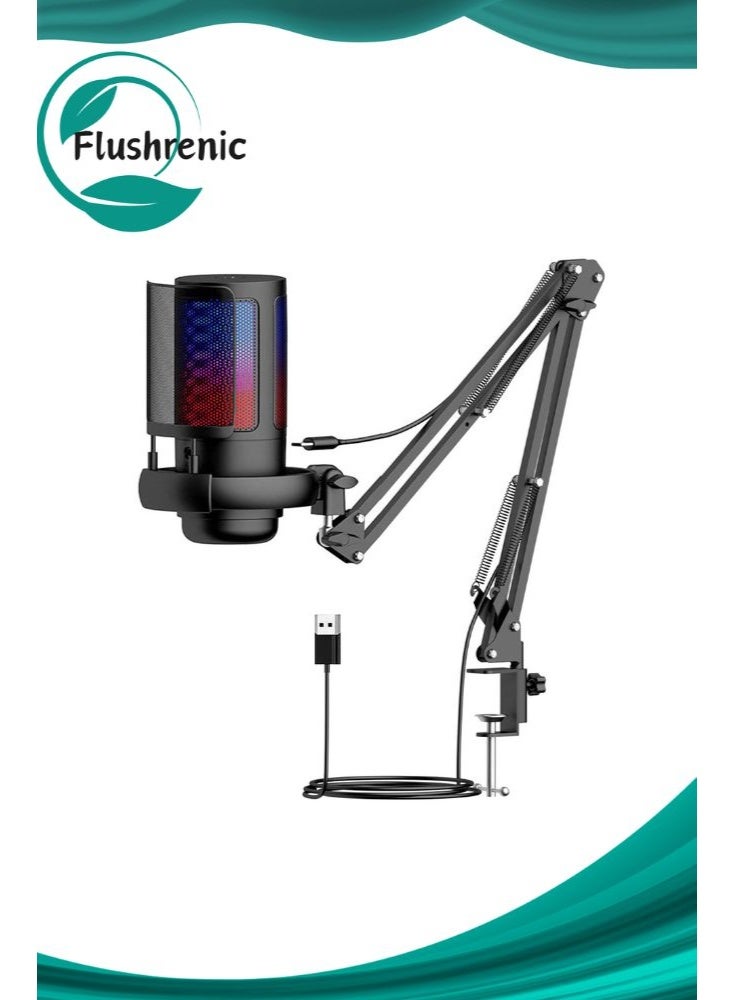 Flushrenic Game USB microphone, noise-reducing condenser microphone with silent operation, anti-spray cover, computer RGB microphone kit with boom stand, shock absorber, rotating gain button, compatible with PS4/5/PC (black) - Image 1
