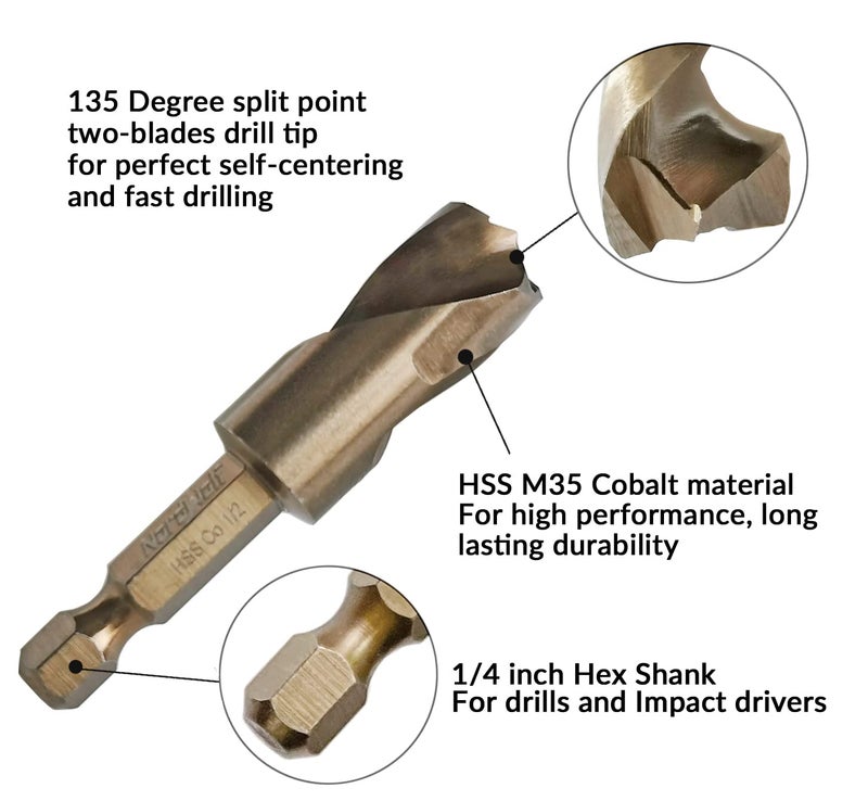 NordWolf 1/2" M35 Cobalt Stubby Drill Bit for Stainless Steel & Hard Metals, with 1/4" Hex Shank for Quick Chucks & Impact Drivers - Image 2