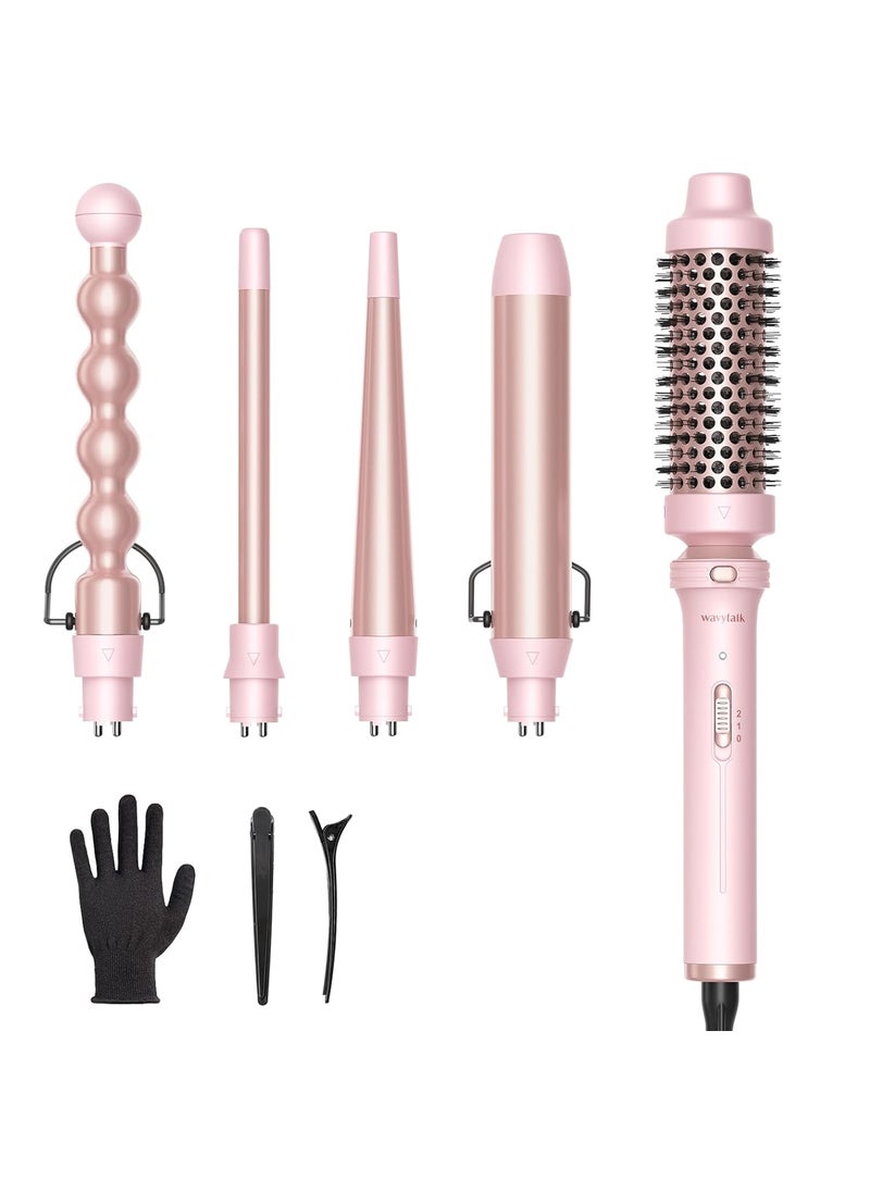 wavytalk - Wavytalk 5 in 1 Curling IronCurling Wand Set with Curling Brush and 4 Interchangeable Ceramic Curling Wand05125Instant Heat UpInclude Heat Protective Glove  2 Clips Pink - Image 1
