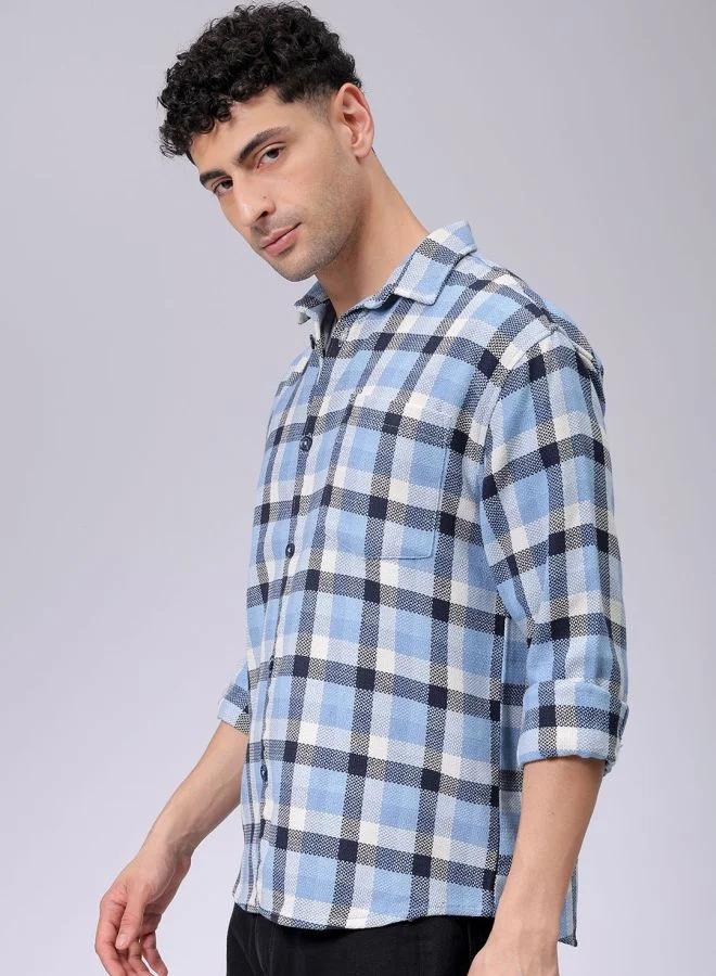 شركة المرآب الهندية Men Relaxed Fit Checkered Full Sleeves Cutaway Collar Resort Wear Shirt