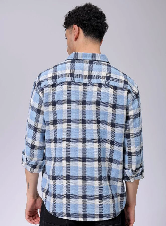 شركة المرآب الهندية Men Relaxed Fit Checkered Full Sleeves Cutaway Collar Resort Wear Shirt